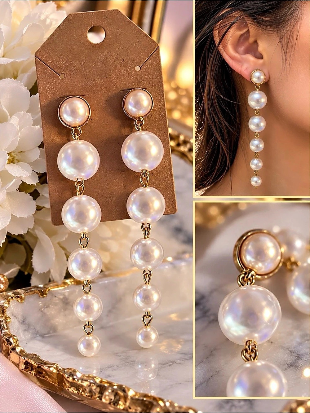 Pearl Drop Earrings in White & Gold New